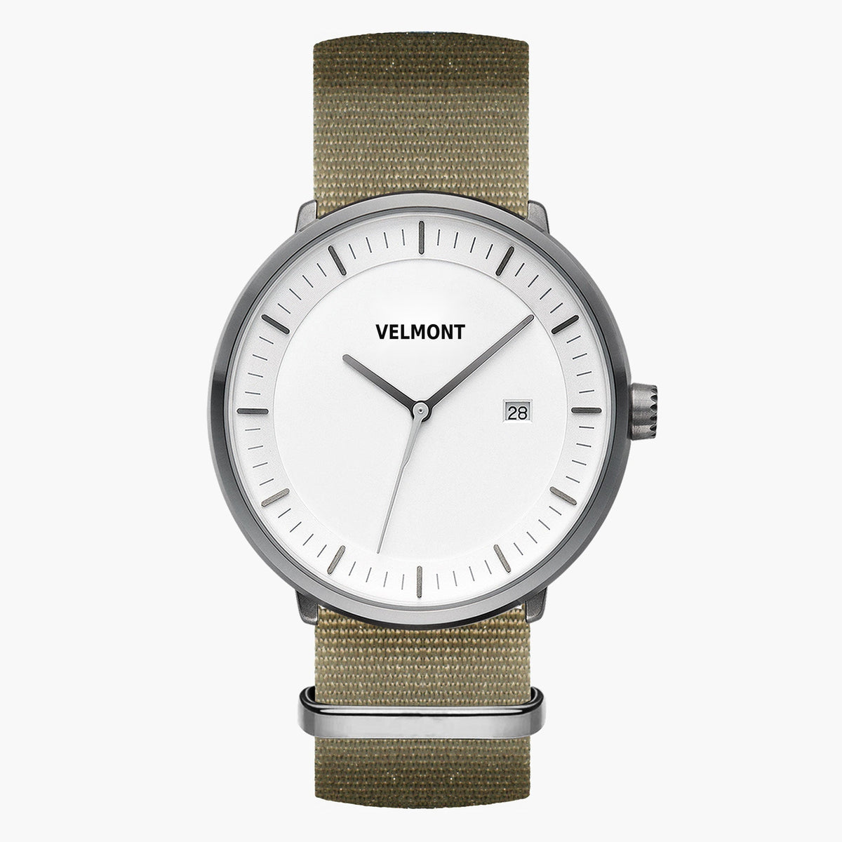 Watch with a white dial and gunmetal case on an olive green woven strap.