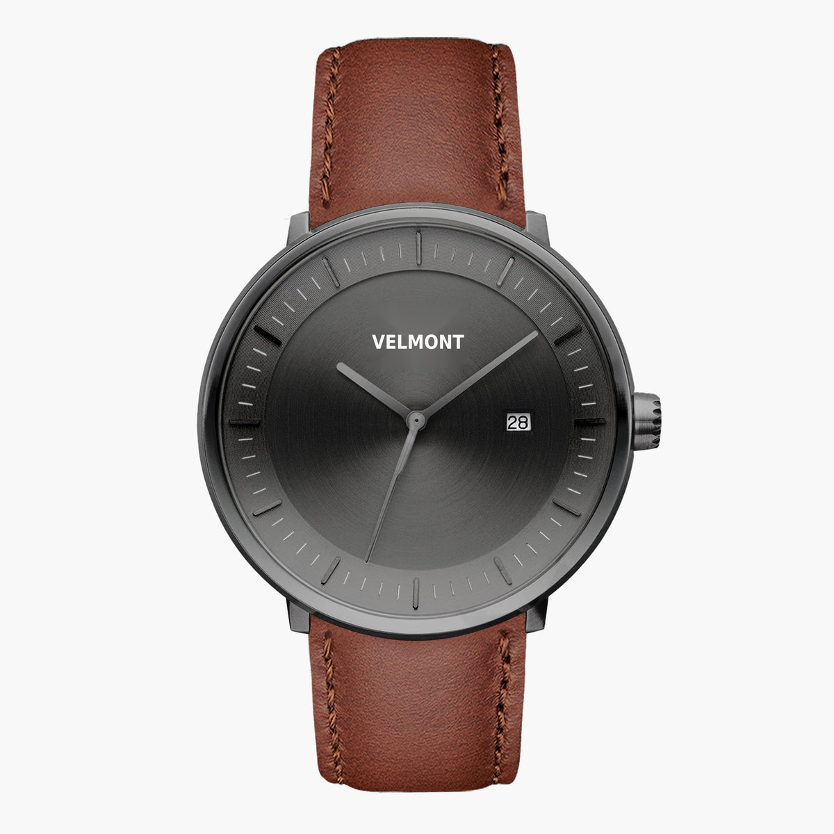 Watch with a dark gray sunburst dial and gunmetal case on a brown strap.