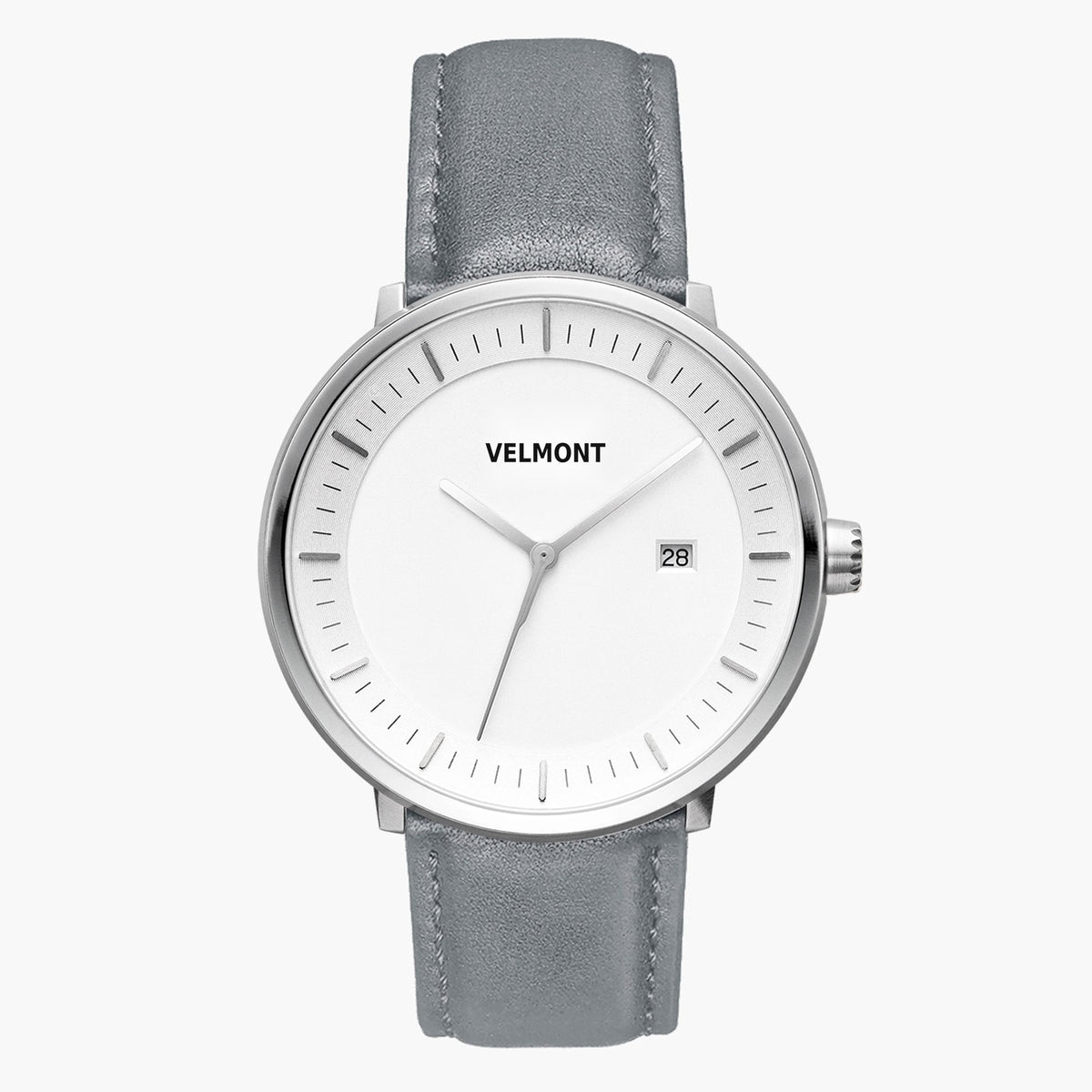 Watch with a white dial and silver-tone case on a gray strap, shown from the front.