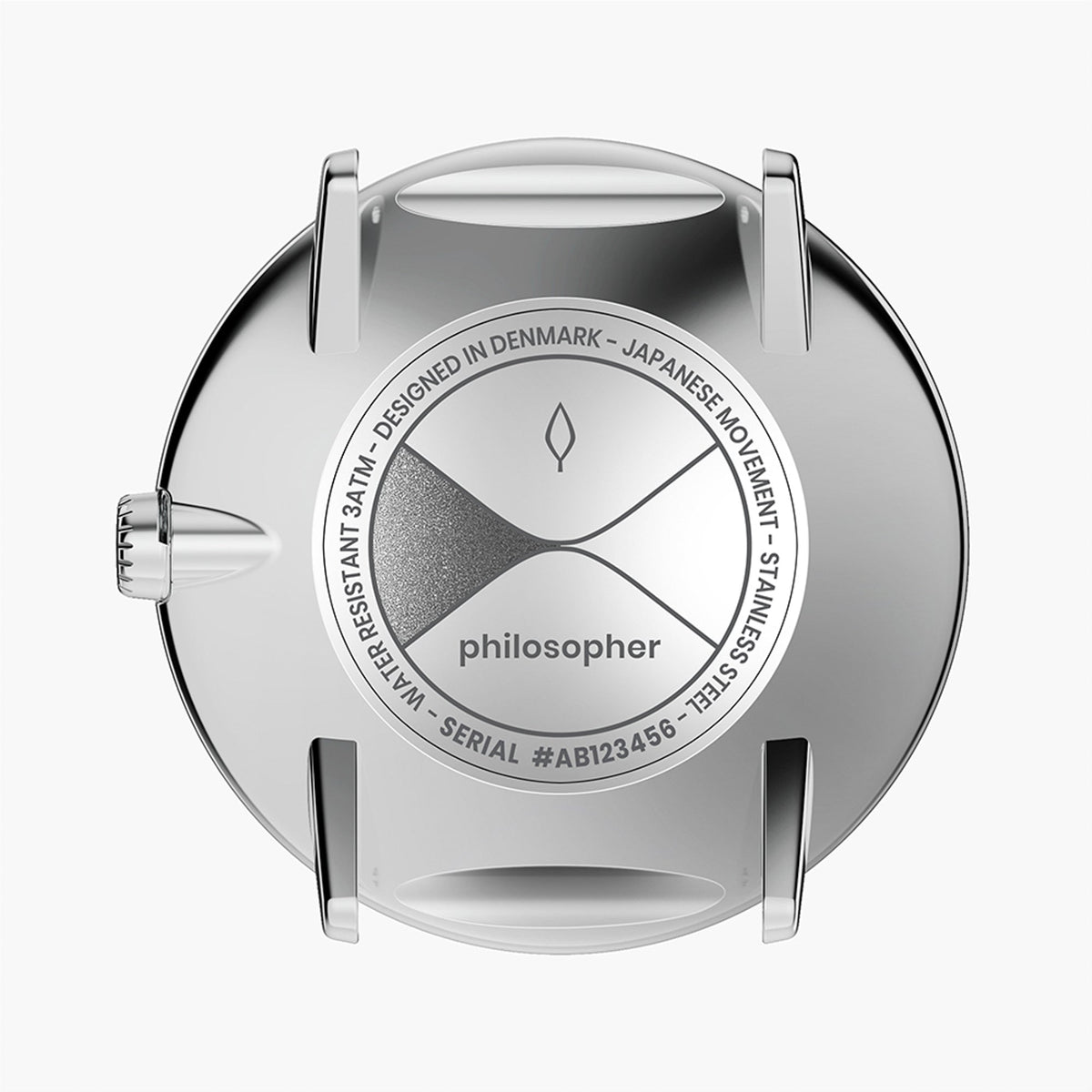 Engraved silver-tone case back of the watch, viewed straight on.