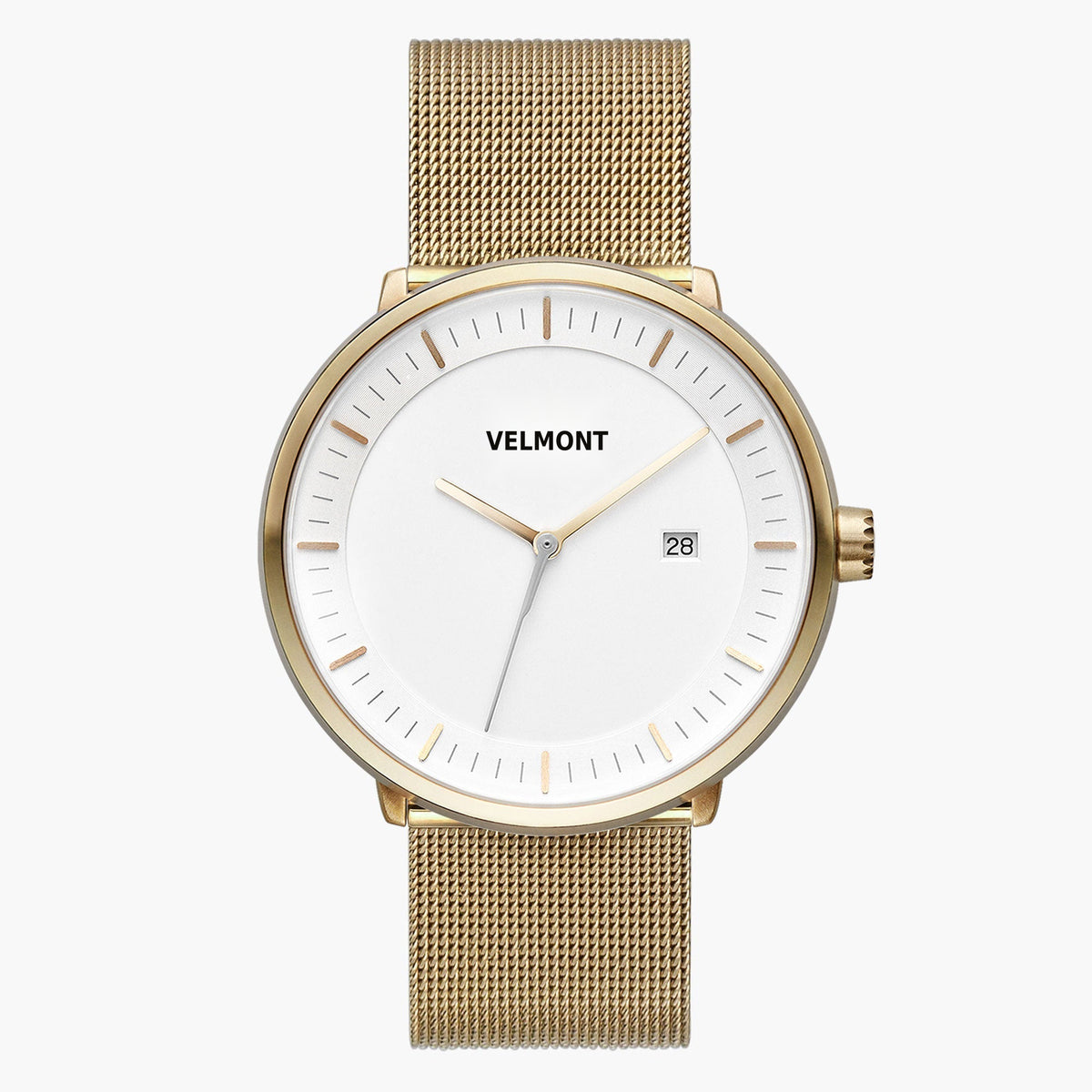 Gold-tone mesh strap watch with white dial, front view