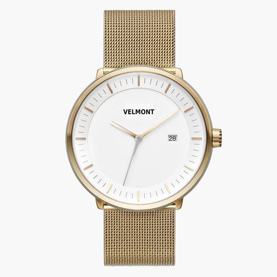 Gold-tone mesh strap watch with white dial, front view