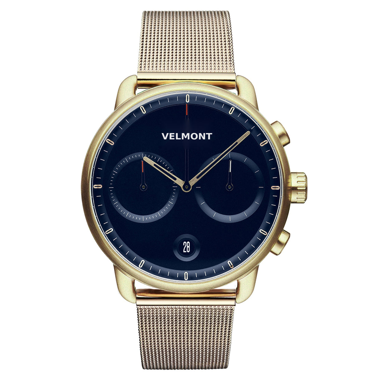 Gold-tone chronograph-style watch with a navy blue dial on a gold-tone mesh strap.