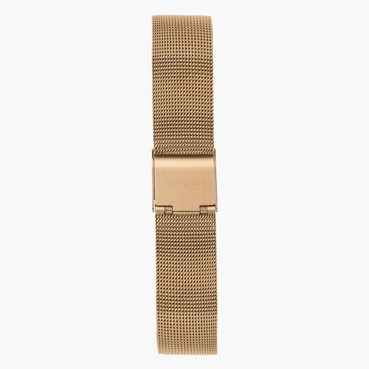 Warm metallic mesh strap with a flat fold-over clasp, shown upright.