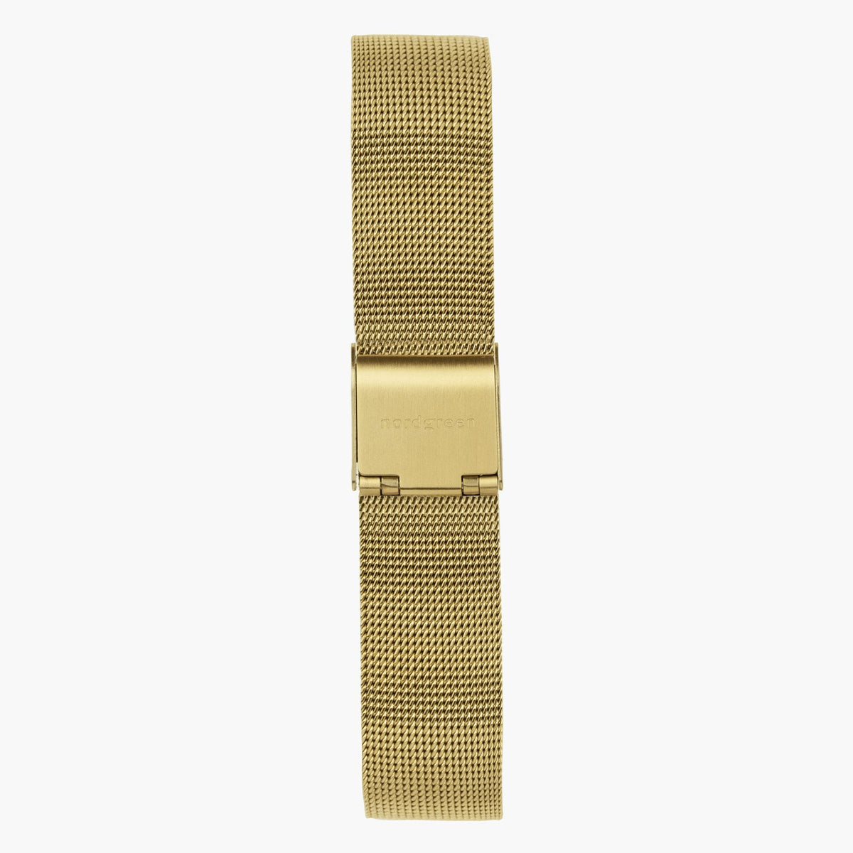 Gold-tone mesh strap with a matching gold-tone fold-over clasp, laid out flat.