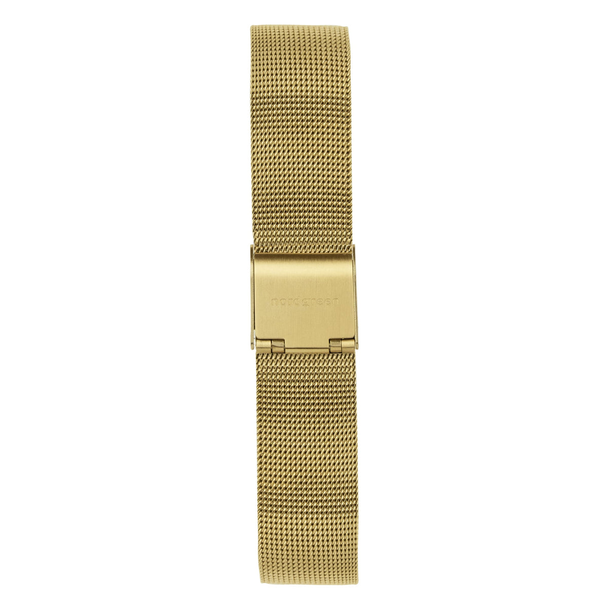 The fine gold-tone mesh band and its flat clasp, shown on its own.
