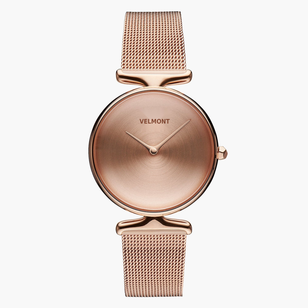All rose gold-tone watch with a plain dial, sculpted lugs and mesh strap.