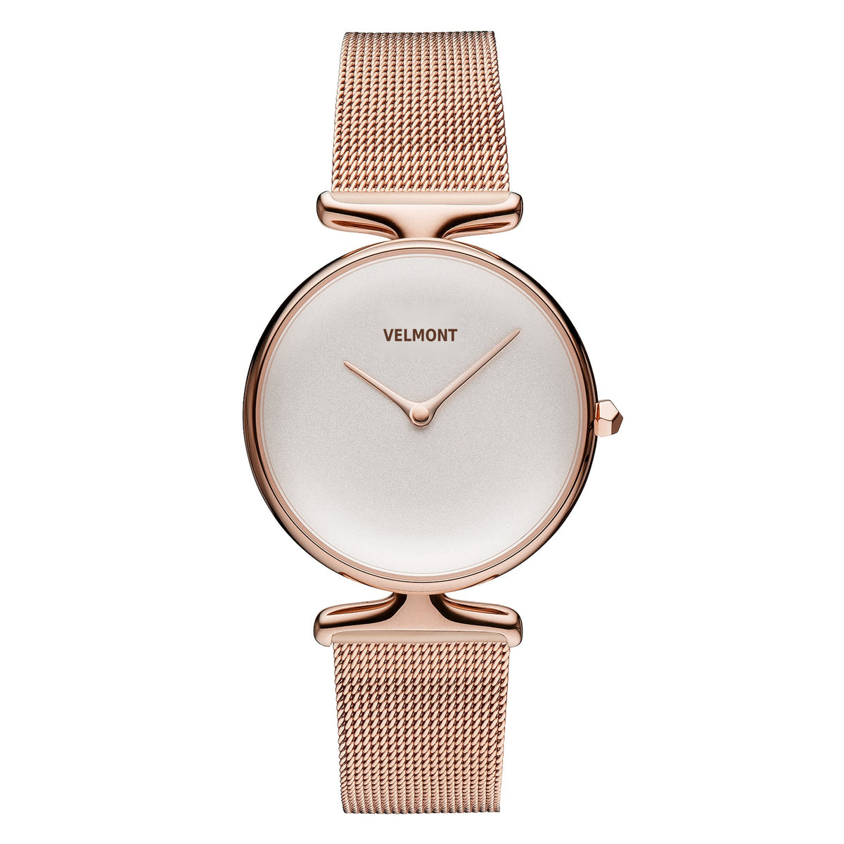 Minimalist watch with a soft white dial and rose gold-tone mesh strap, front view.