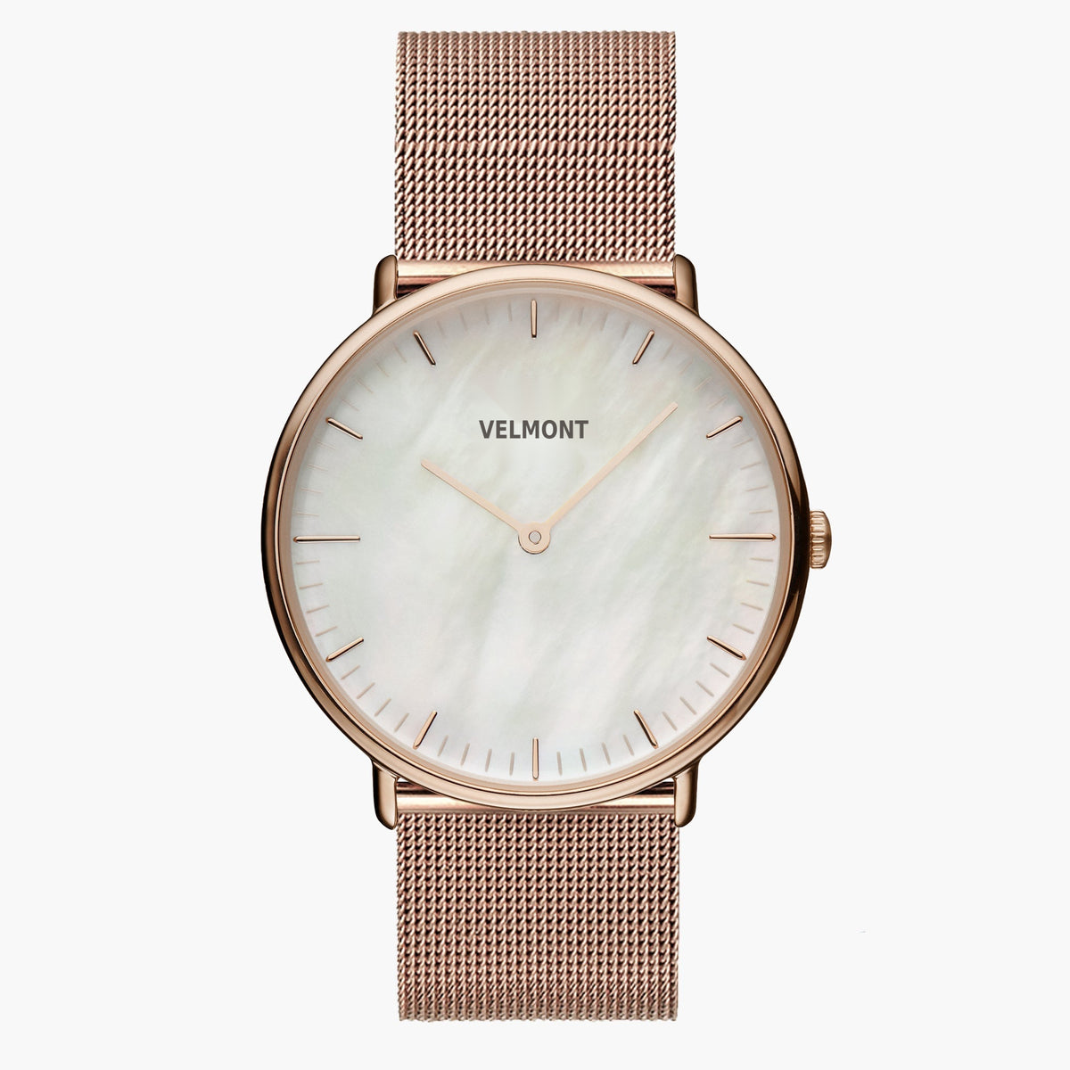 Watch with a pearlescent white dial and rose gold-tone case on a matching mesh strap.