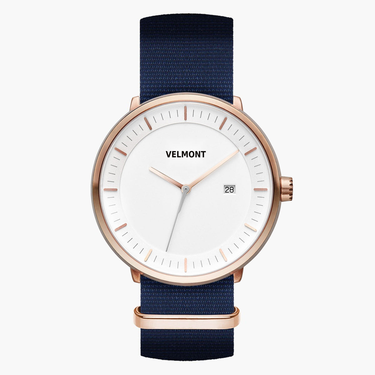 Watch with a white dial and rose gold-tone case on a navy woven strap.