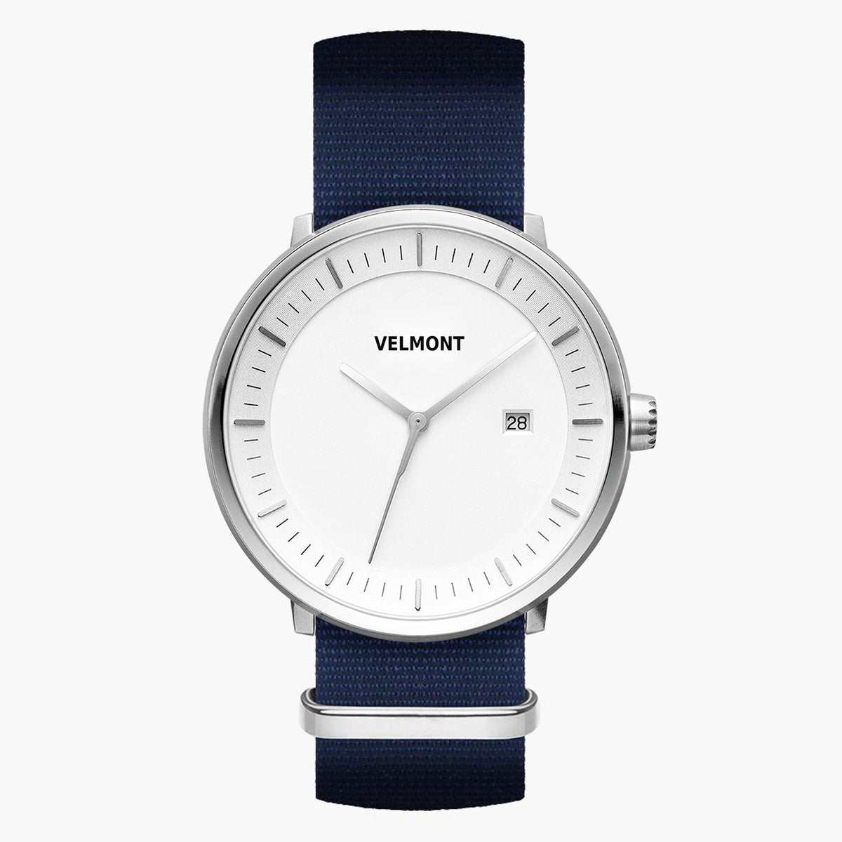 Watch with a white dial and silver-tone case on a navy woven strap.