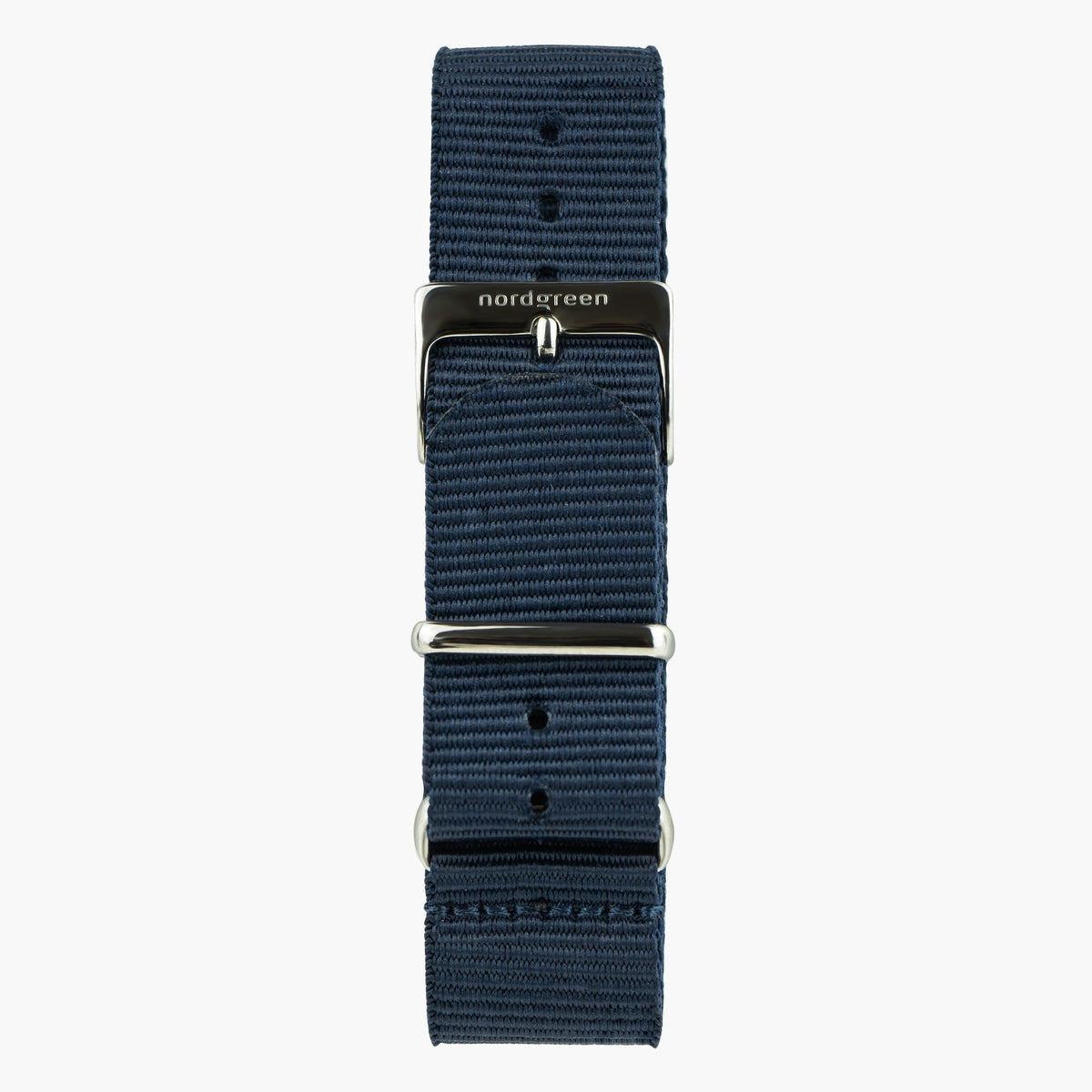 Navy ribbed nylon strap that passes under the case, with polished metal hardware.