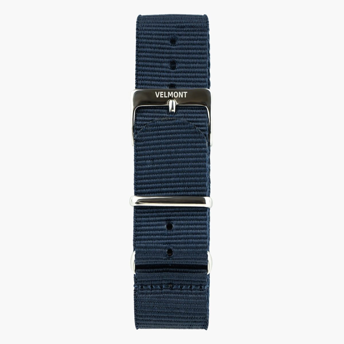 Navy woven strap with a silver-tone buckle and metal keepers.