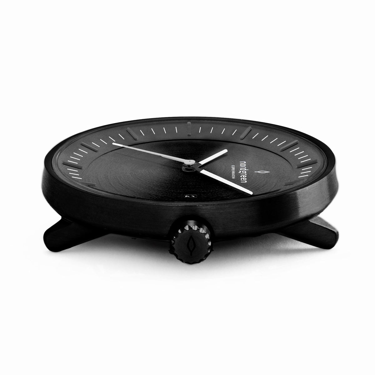 Side profile of the black case with short angular lugs.