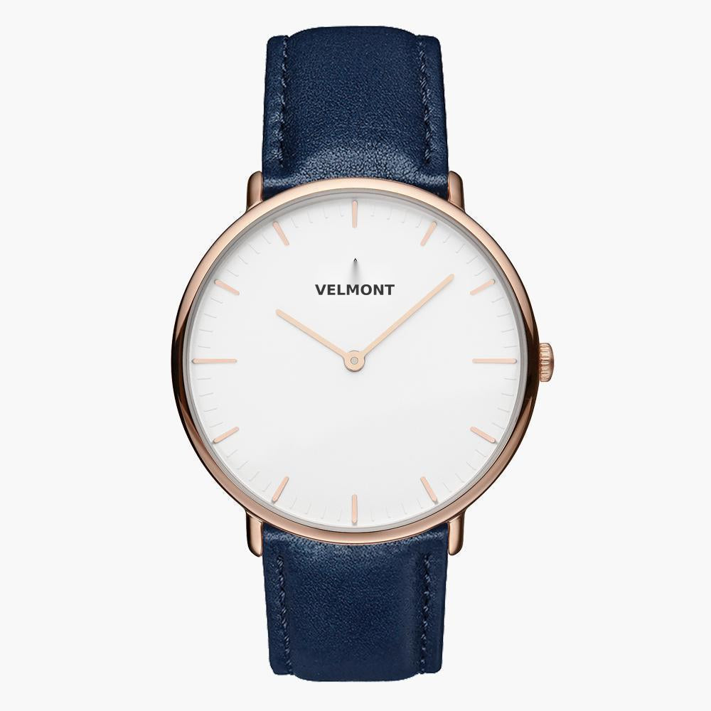 Nordgreen Native 32Mm Rose Gold Watch With White Dial And Navy Leather Strap