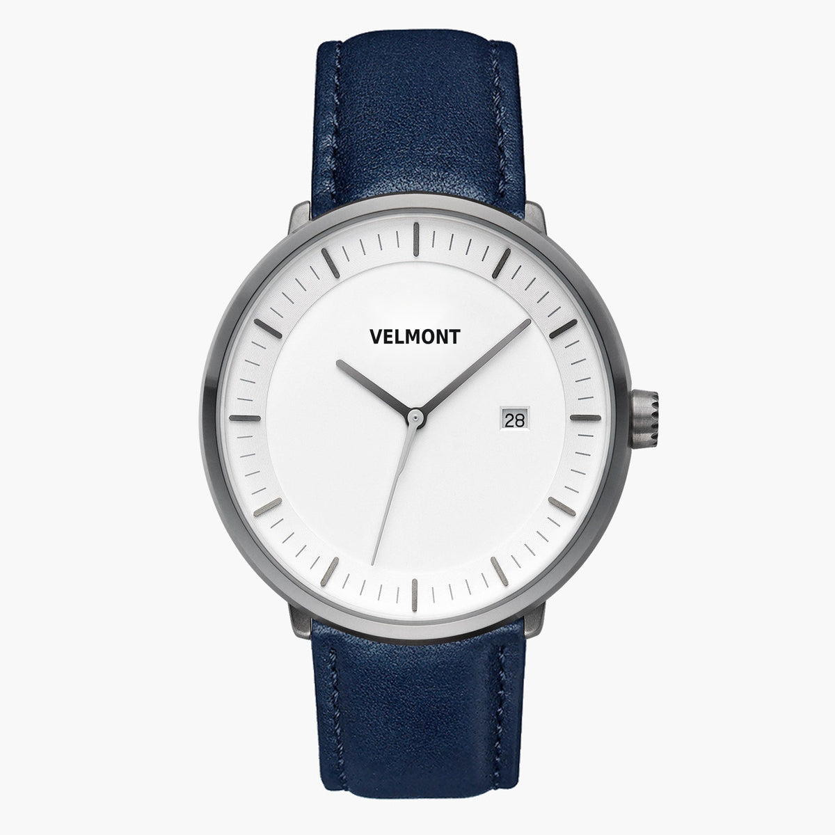 Watch with a white dial and gunmetal case on a navy strap, shown from the front.