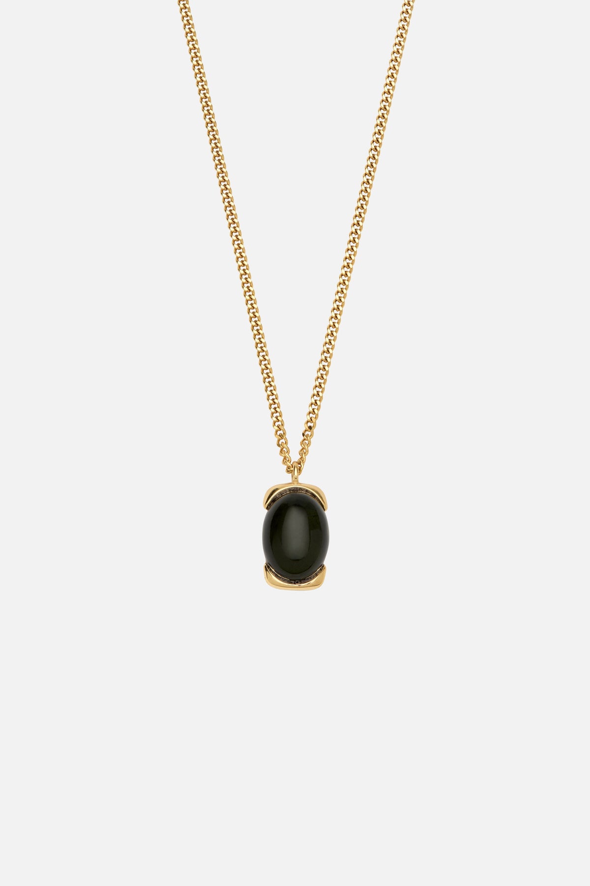 Gold-tone necklace with a black oval pendant, front view on a light background