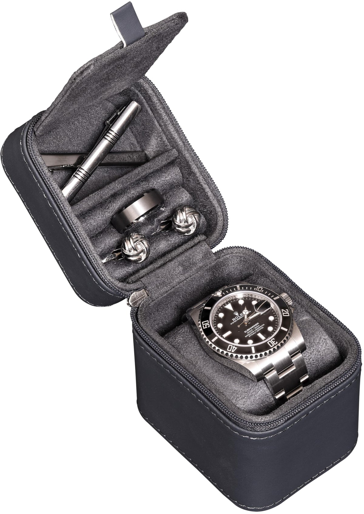 Open single-watch travel case with a watch on the cushion and accessories in the lid