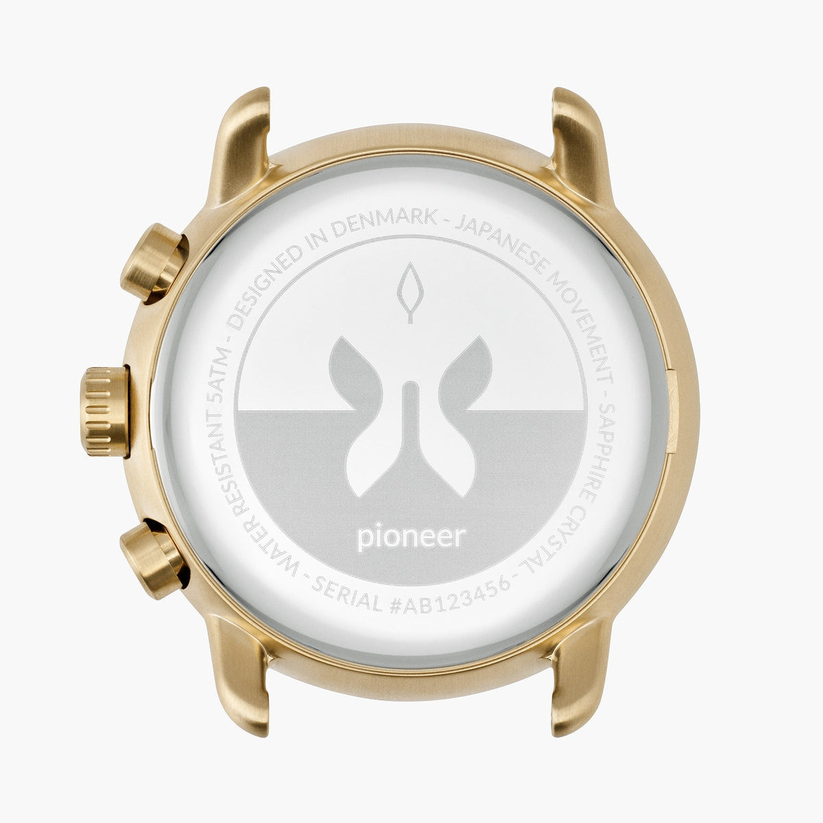 Case back of the gold-tone watch with engraved ring text.