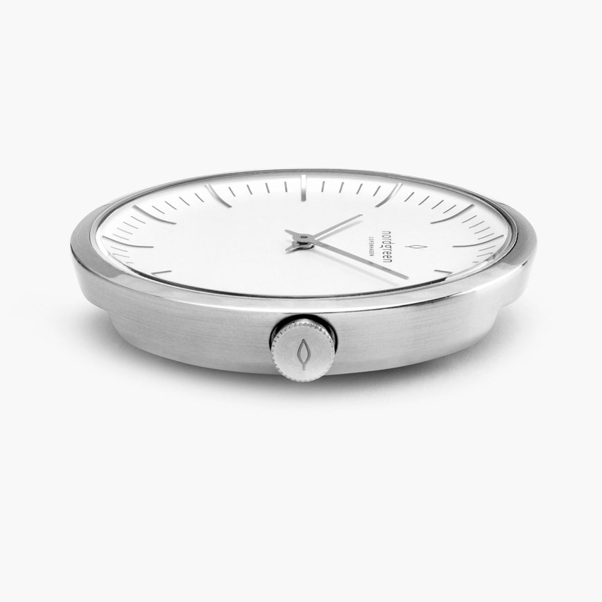 Side profile of the thin silver-tone case showing the crown.