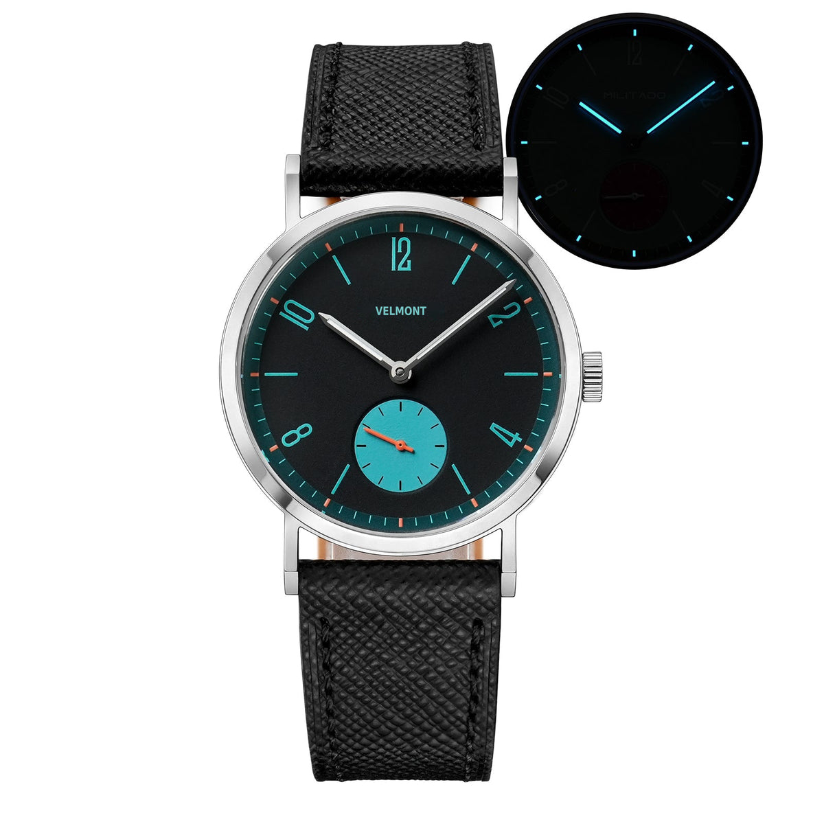 Black-dial small-seconds watch with cyan sub-dial on a black strap, with a glow-in-the-dark inset