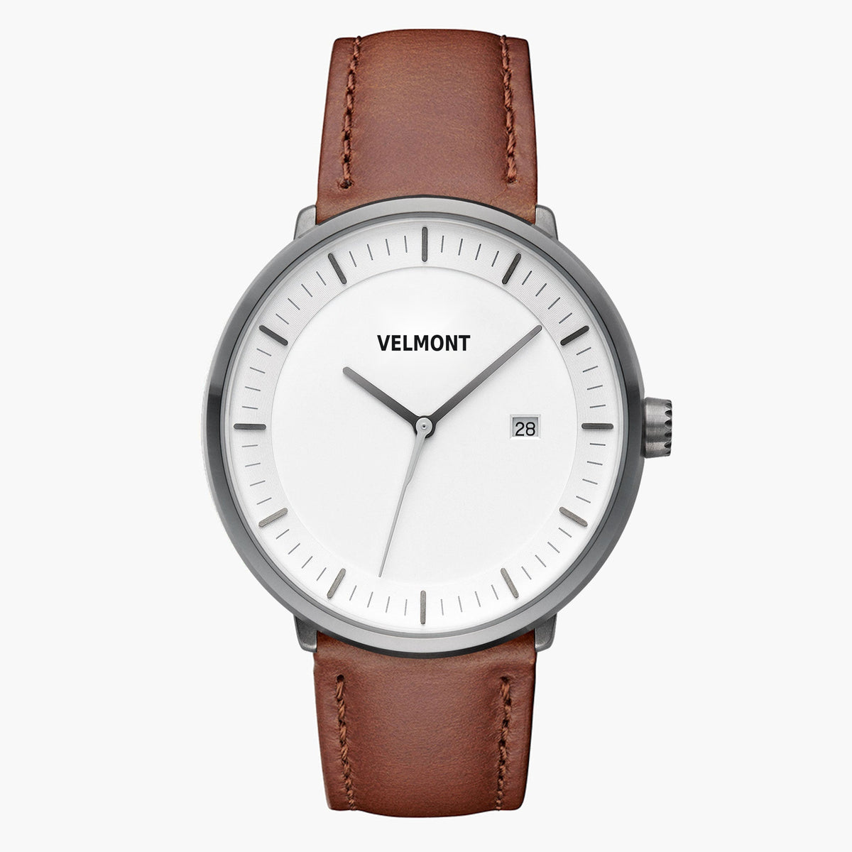 Front view of a gunmetal watch with a white dial on a brown strap.