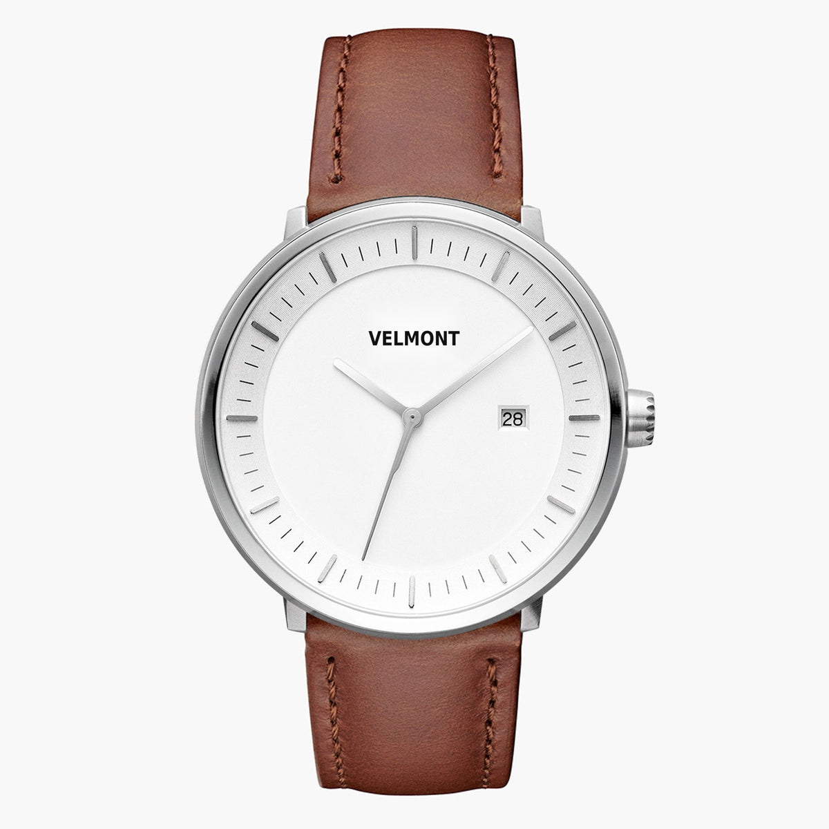Front view of a silver-tone watch with a white dial on a brown strap.