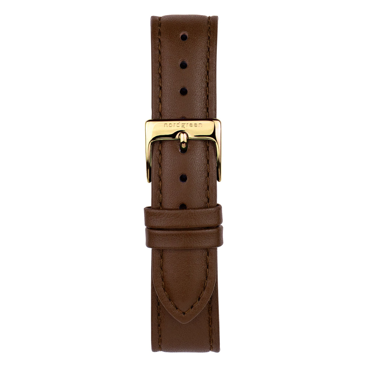 Dark brown strap with a gold-tone pin buckle, laid flat.