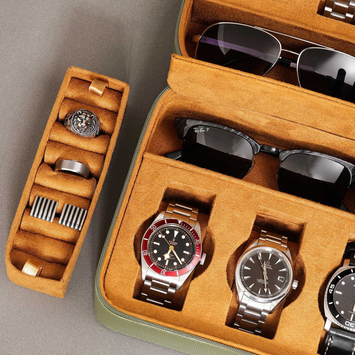 Removable ring roll beside the open case with sunglasses