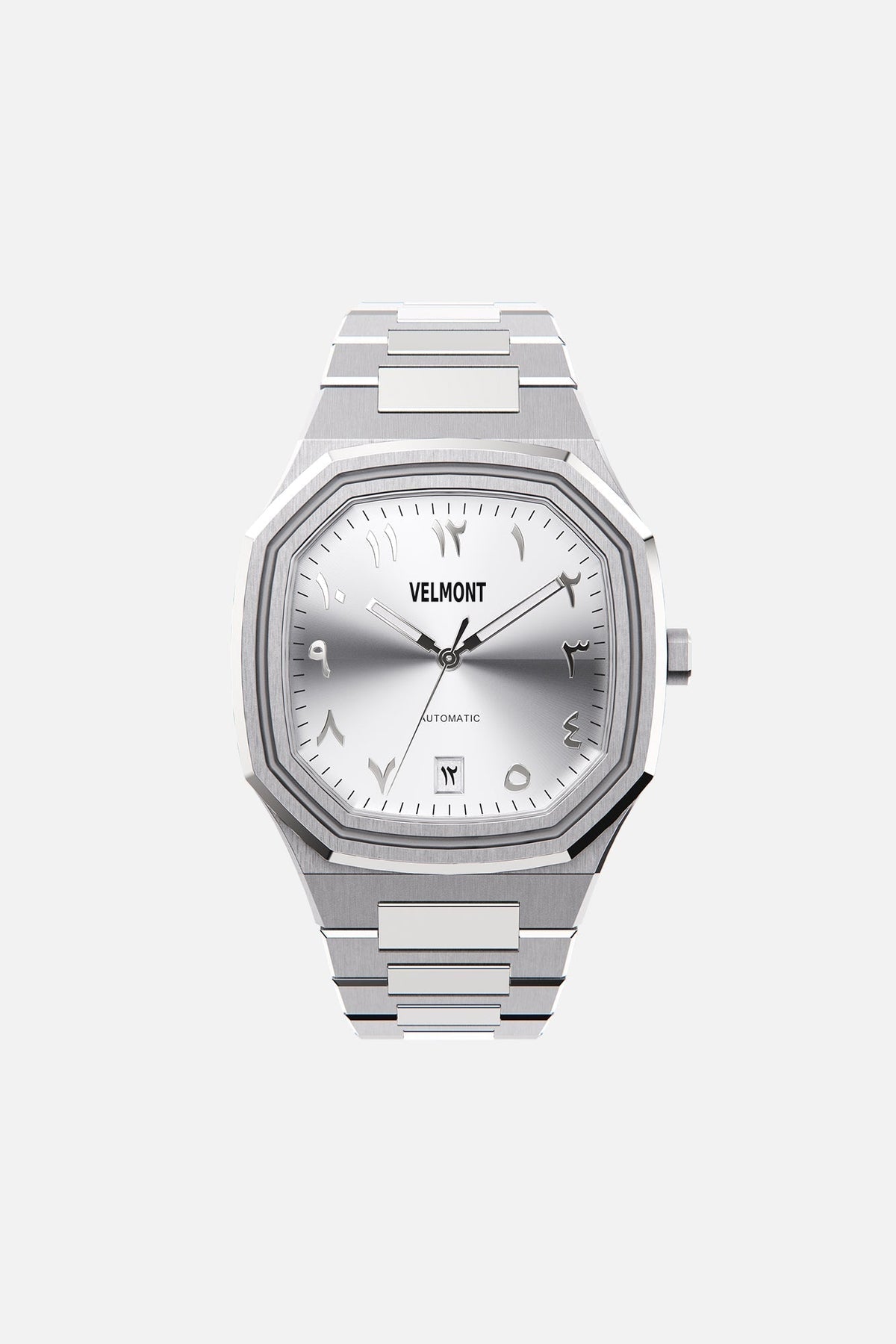 Front view of the octagonal watch with silver Arabic numeral dial on its integrated bracelet