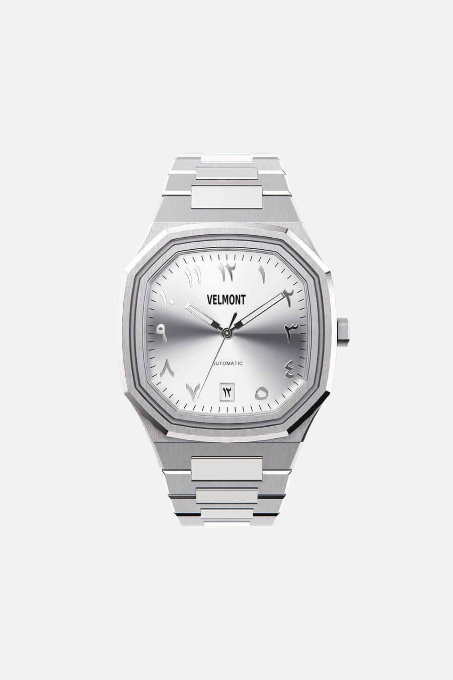 Front view of the octagonal watch with silver Arabic numeral dial on its integrated bracelet