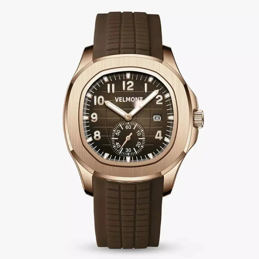 Rubber strap watch with rose gold-tone case and brown grid dial, front view