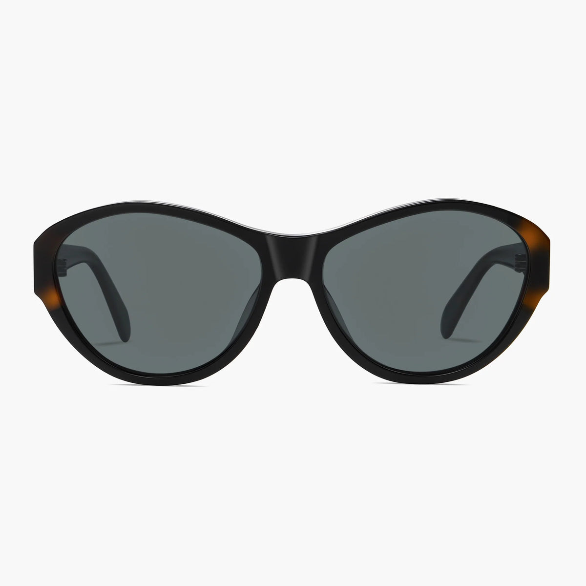 Black tortoise rounded cat eye sunglasses with gray lenses, front view