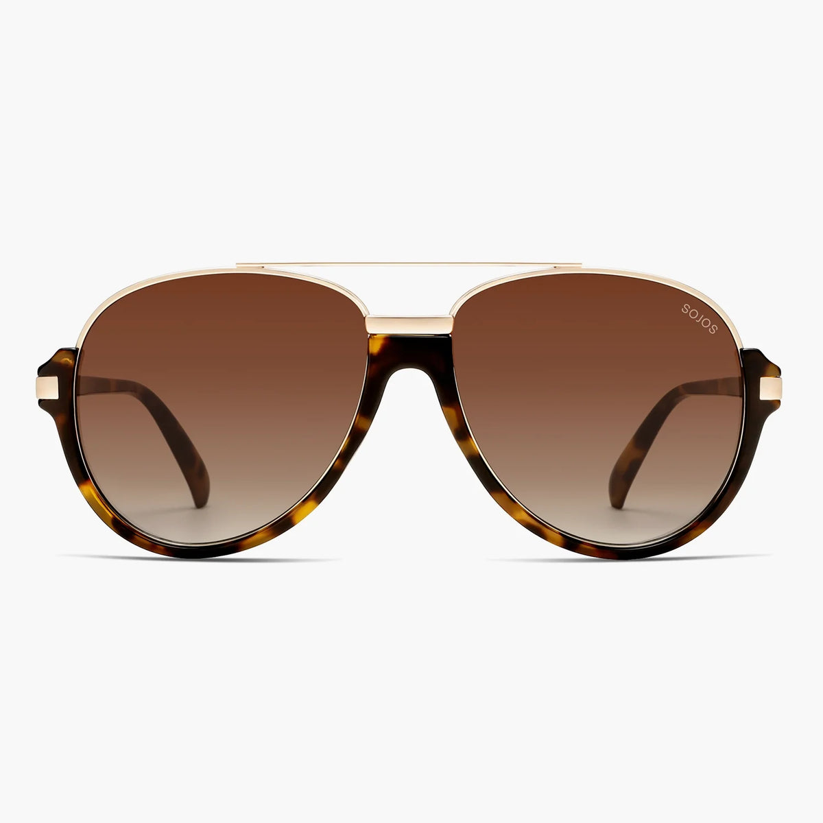 Tortoise aviator sunglasses with gold-tone brow bar and brown gradient lenses, front view