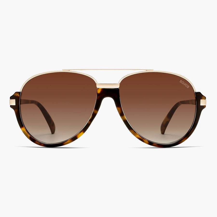Tortoise aviator sunglasses with gold-tone brow bar and brown gradient lenses, front view