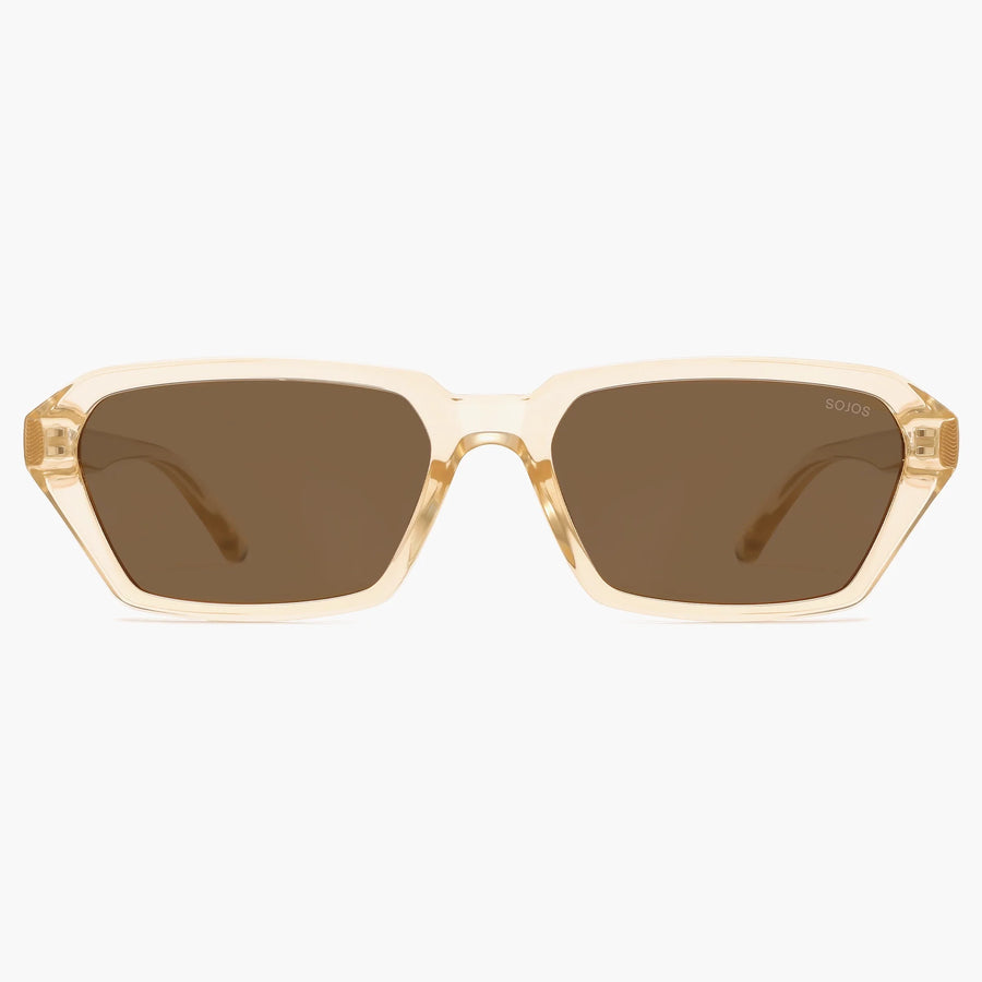 Clear beige rectangular sunglasses with brown lenses, front view