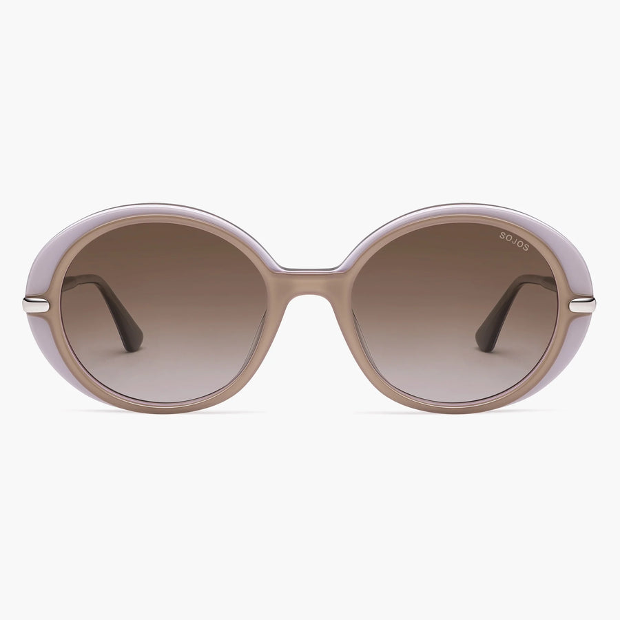 Lavender round sunglasses with brown gradient lenses, front view