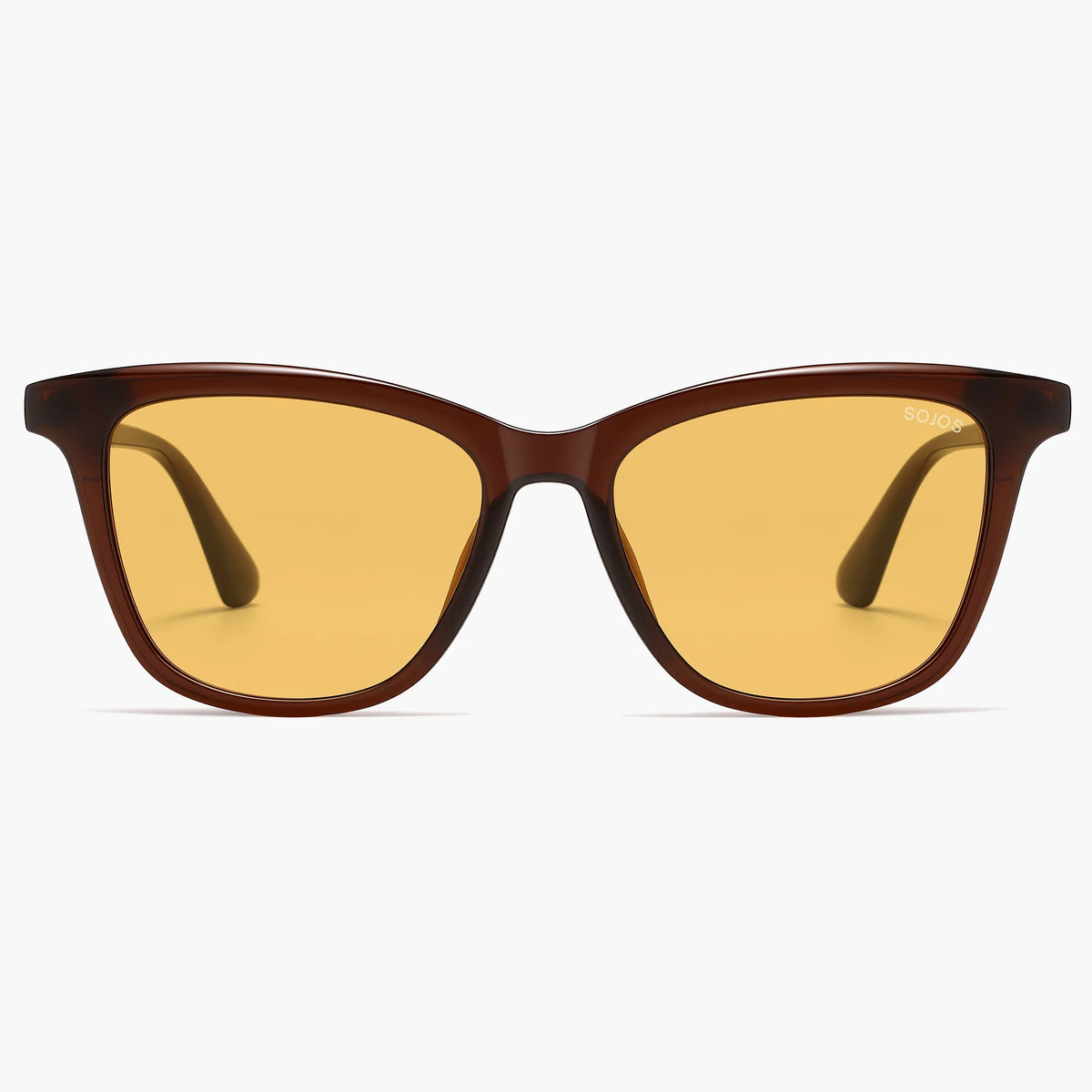 Orange-brown cat eye sunglasses with yellow lenses
