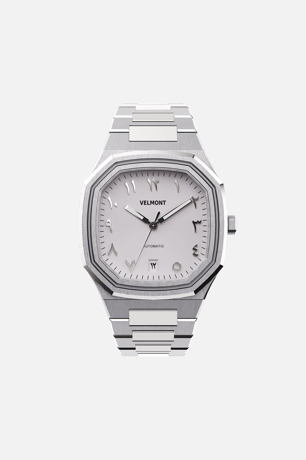 Front view of the octagonal watch with white Arabic numeral dial on its integrated bracelet