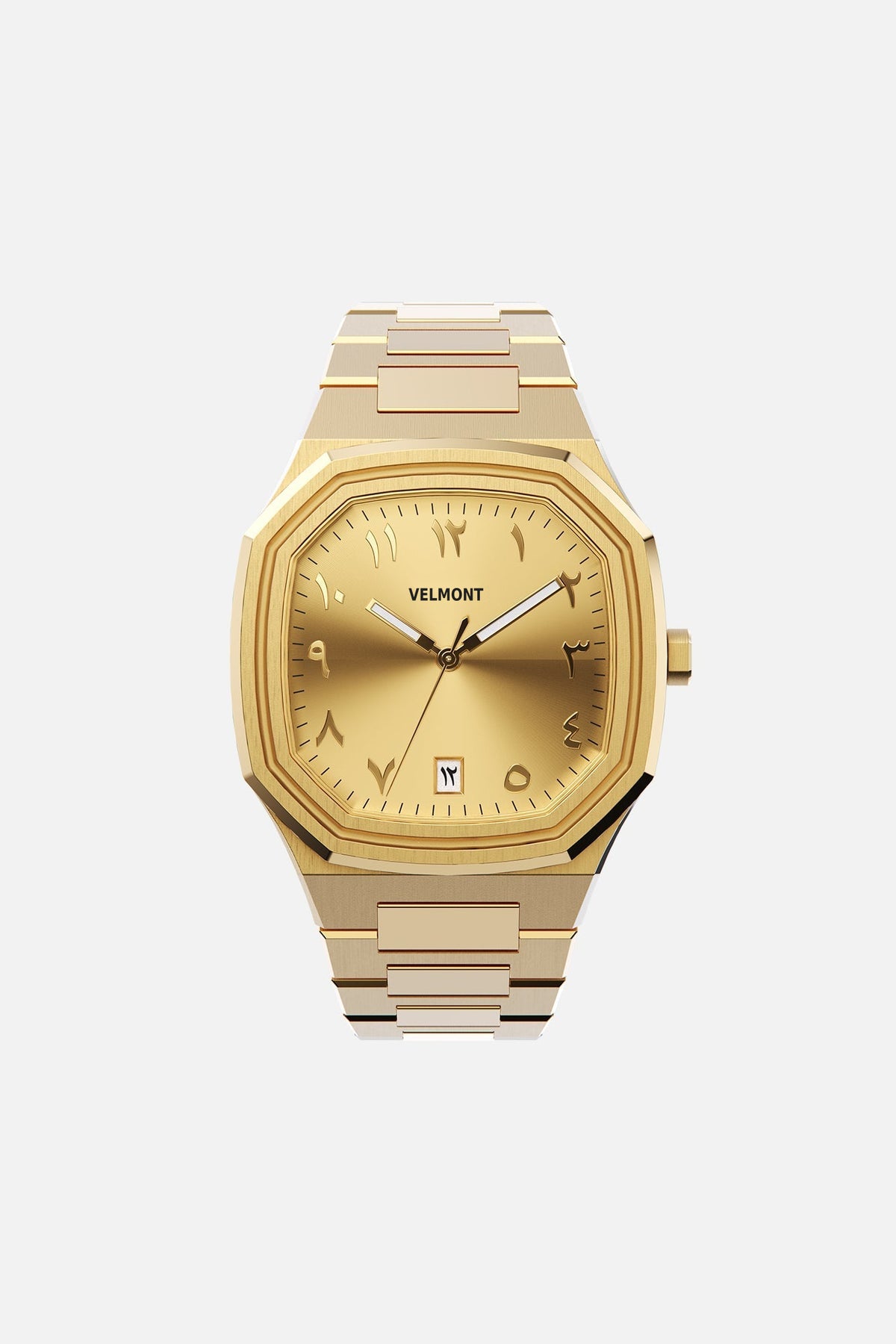 Front view of the octagonal watch with gold-tone Arabic numeral dial on its integrated bracelet