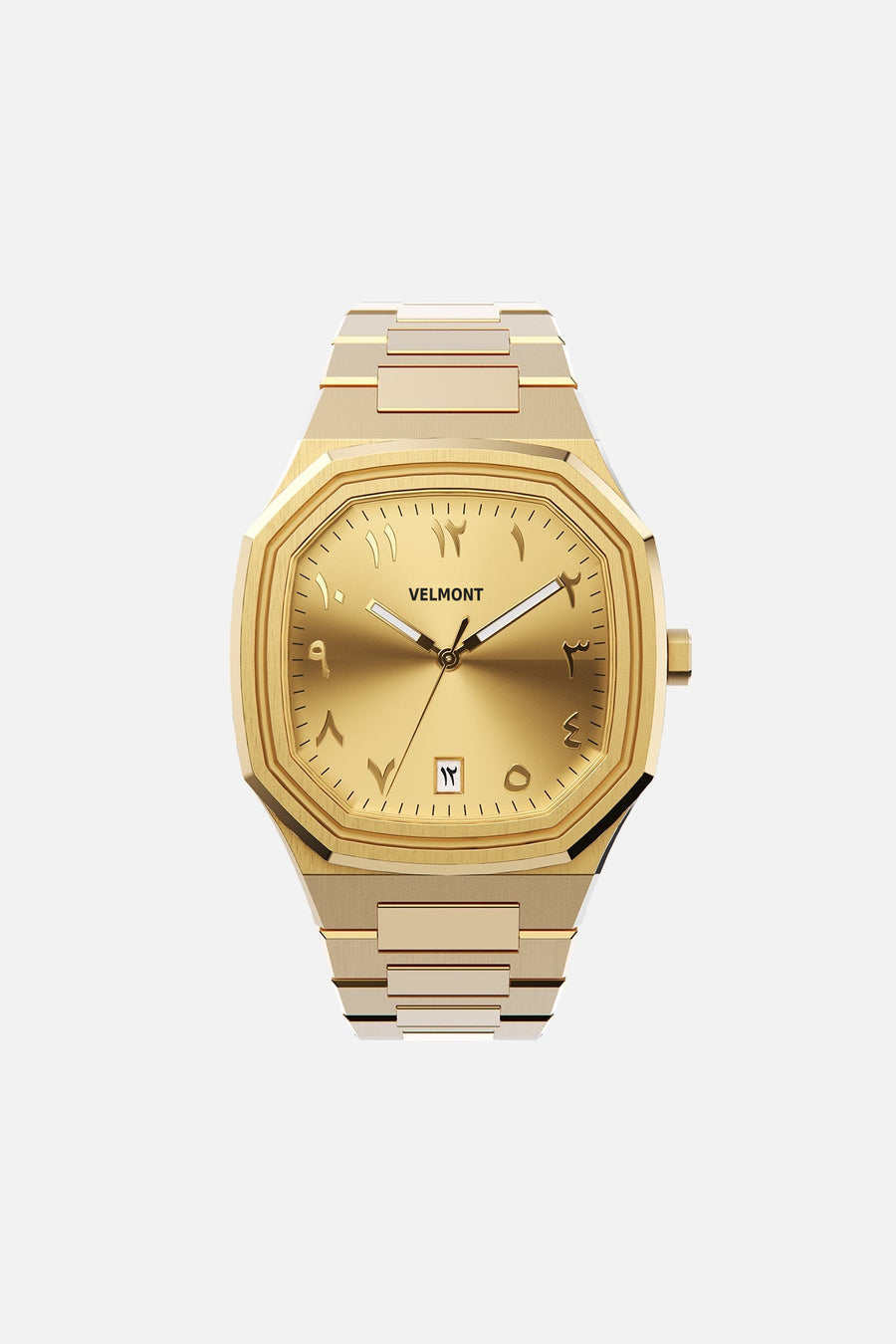 Front view of the octagonal watch with gold-tone Arabic numeral dial on its integrated bracelet
