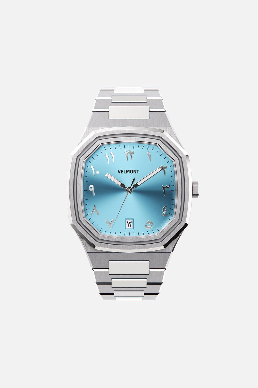 Front view of the octagonal watch with turquoise Arabic numeral dial on its integrated bracelet