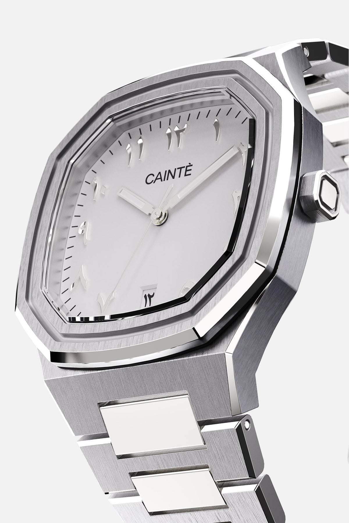 Three-quarter view of the octagonal case and white Arabic numeral dial