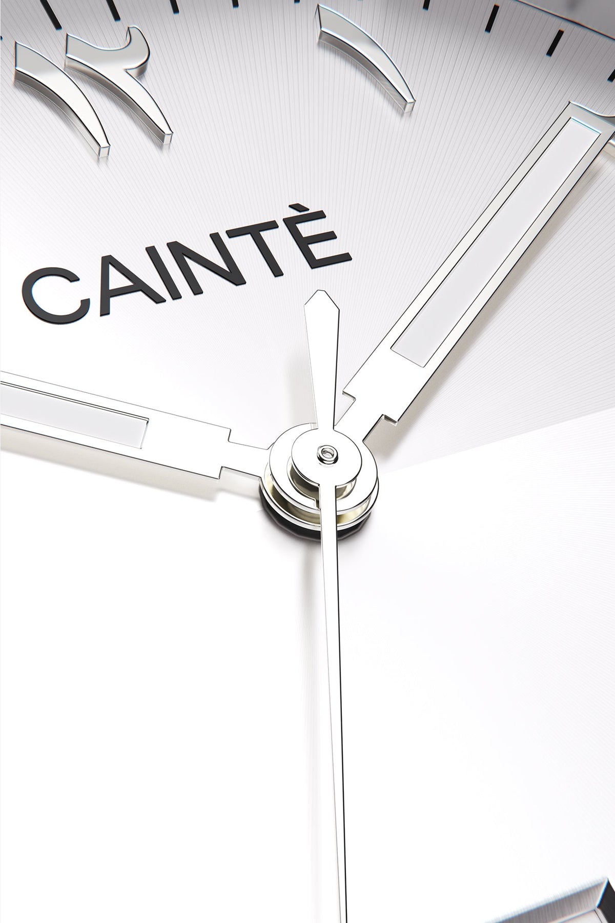 Macro view of the white Arabic numeral dial and polished hands