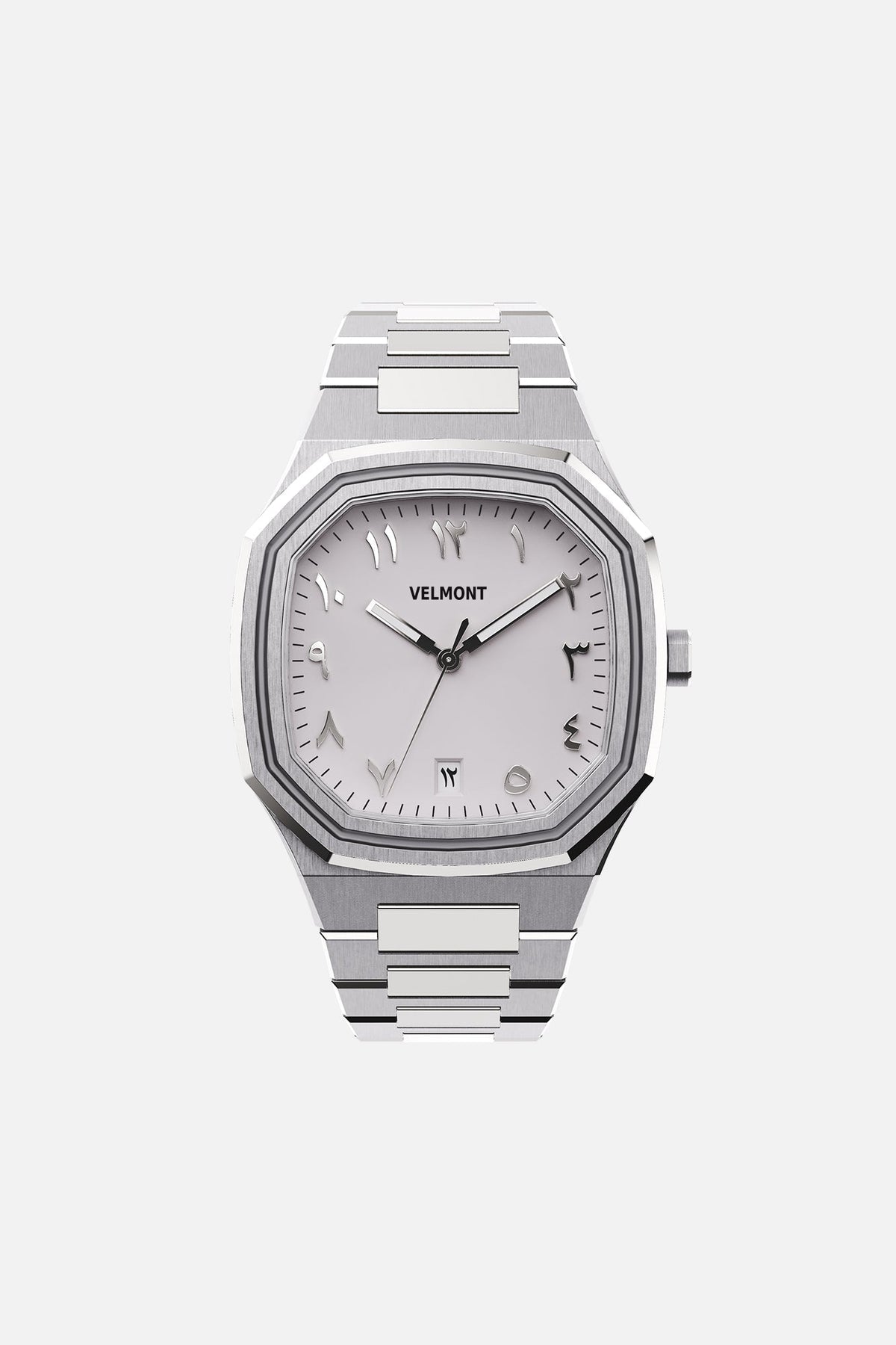 Front view of the octagonal watch with white Arabic numeral dial on its integrated bracelet