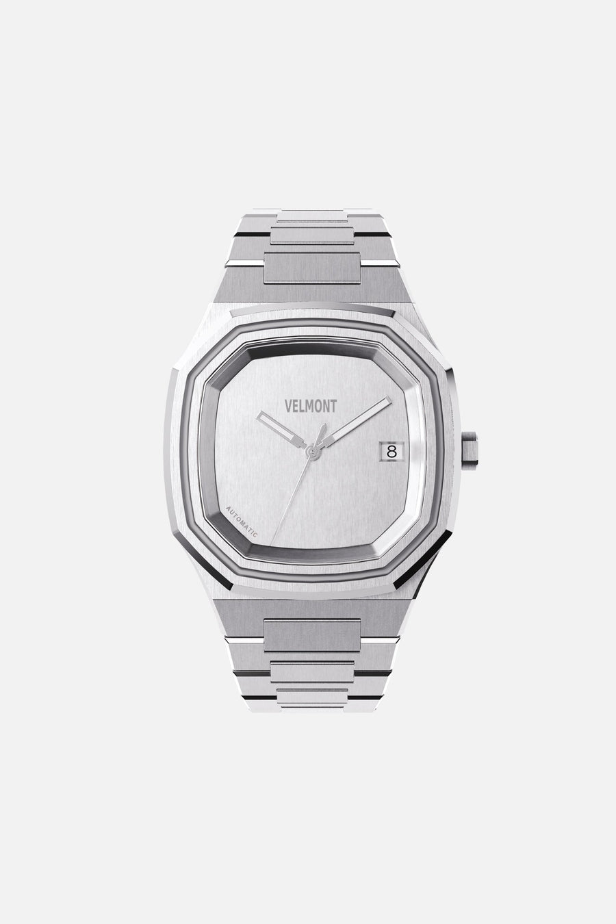 Front view of the octagonal watch with monochrome silver dial on its integrated bracelet