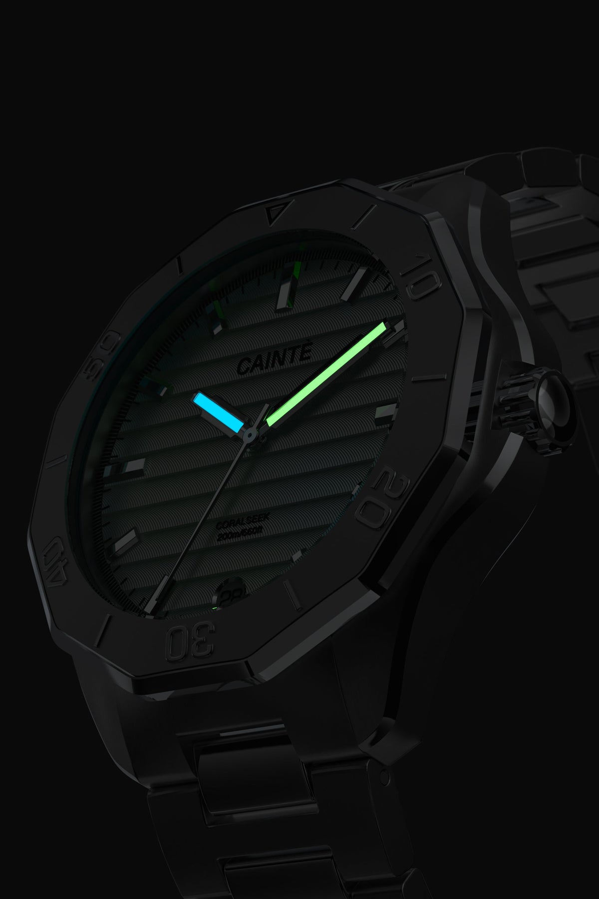 Watch in the dark with glowing hour and minute hands