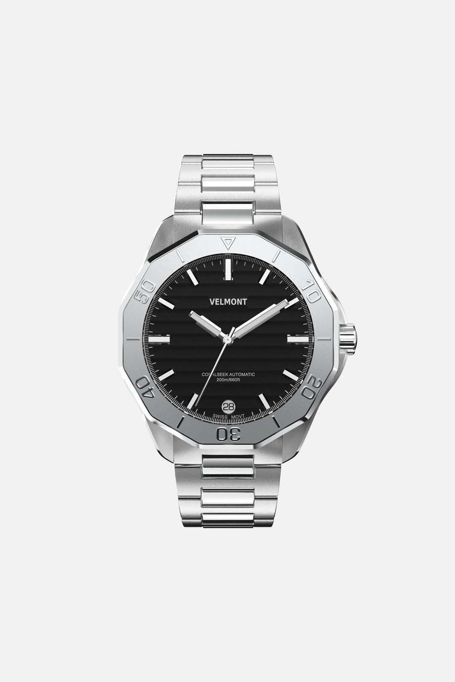 Front view of the 40 mm watch with black dial on a silver-tone link bracelet
