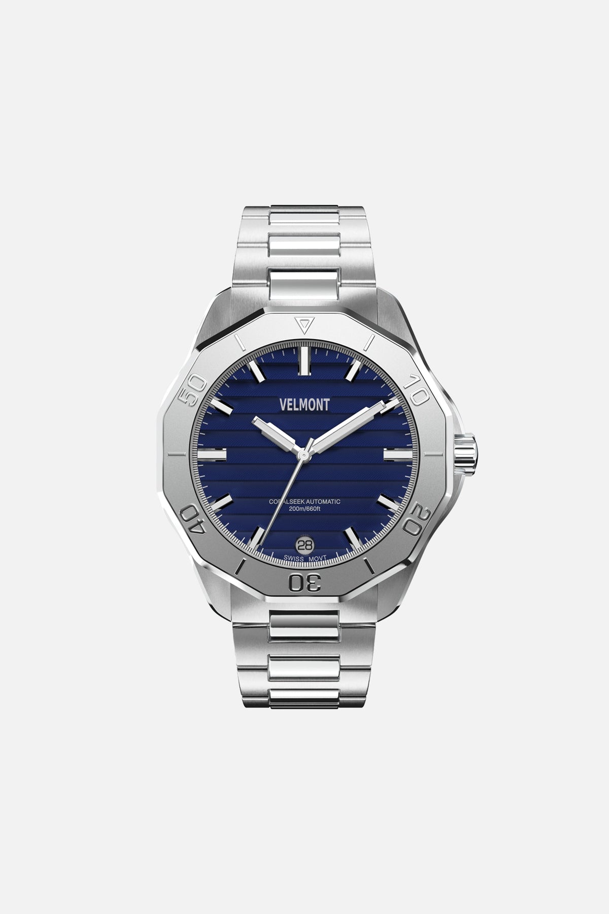 Front view of the 40 mm watch with blue dial on a silver-tone link bracelet