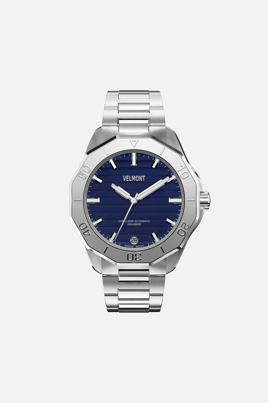 Front view of the 40 mm watch with blue dial on a silver-tone link bracelet
